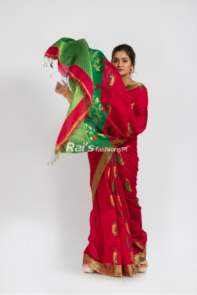 Handloom Silk Cotton Saree With Fine Handweaving Butta Work And Contrast Color Pallu With Heavy Weaving Design Worked Pallu (RAI377)